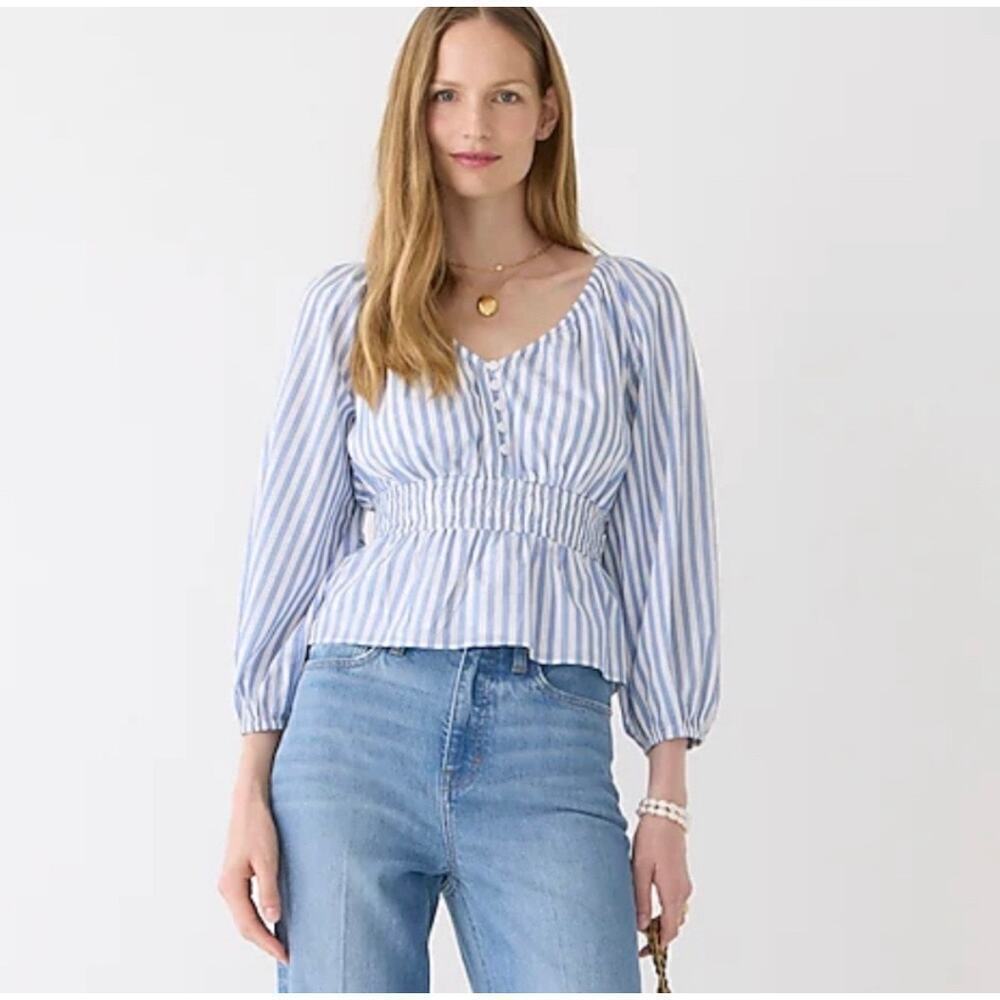 J. Crew Striped V-Neck Blouse in Blue and White